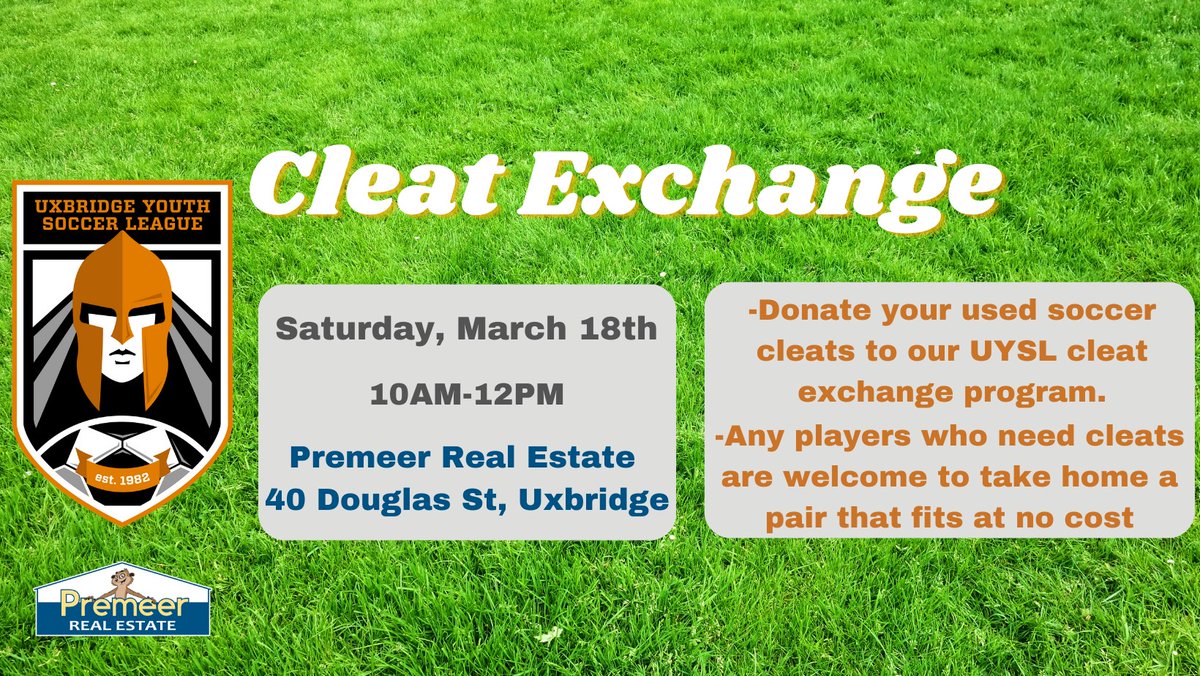 UxbridgeSoccer's tweet photo. Want to donate old cleats and shin pads, or trade-in yours for a bigger size? Here is your chance? Why pay when you can simply trade. Join us for our cleat exchange: https://t.co/IIMpbIHwEB @UxbridgeSports https://t.co/MmwDruXRgg