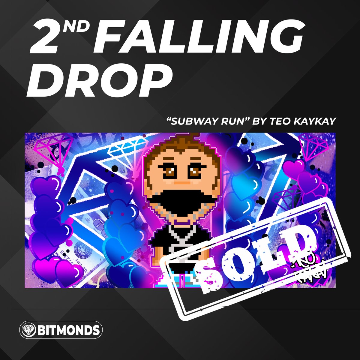 bitmonds's tweet image. Finished the second Bitmonds Artwork Falling Drop! &quot;Subway Run&quot; by @teokaykay was purchased for €475. We remind you that it is possible to pay by credit card, but also with Polygon MATIC with Metamask.

bitmonds.com - #bitmonds #NFT