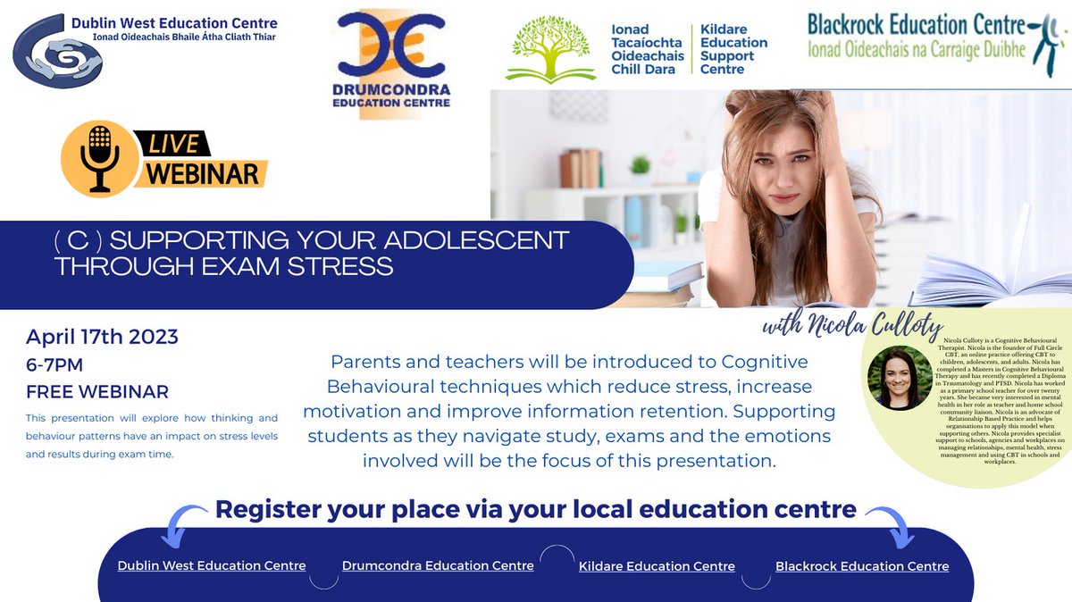 DublinWestEC's tweet photo. A FREE webinar for parents and teachers.
Register your place via your local education centre or https://t.co/WBUrumDAsj
#cbt #webinarsforparents #irishsecondaryteachers #irishsecondaryschools https://t.co/smyK5QMMbe