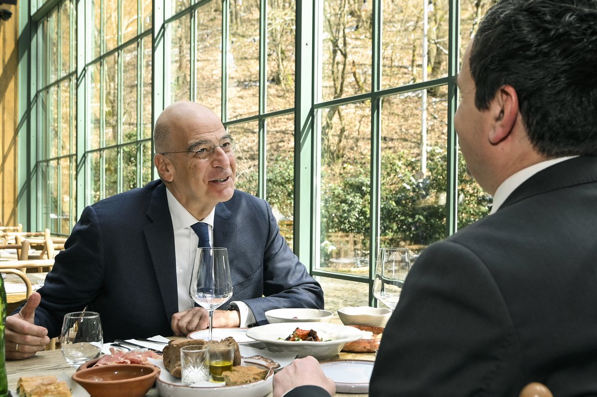 albinkurti's tweet photo. Today I welcomed 🇬🇷 MFA @NikosDendias on his 6th visit to Kosova. We enjoyed our working lunch as much as our cordial conversation. Bilateral relations between our two countries are better now than ever before, and we are both committed to building even closer and deeper ties. https://t.co/pkvLqbIzoq