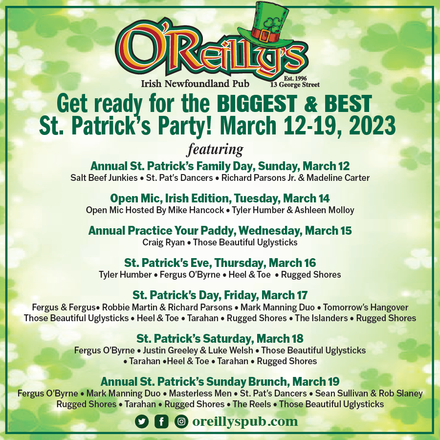 oreillys_pub's tweet photo. ๐๐O'Reilly's BIGGEST & BEST St. Patrick's Party!๐๐
Awesome events are happening every day; there's something for everyone!
#stpatricksday #stpatricksweek #paddysday #oreillys #biggestandbest #stpatricksparty #georgestreet #downtownstjohns https://t.co/Qq3gFCgtKP