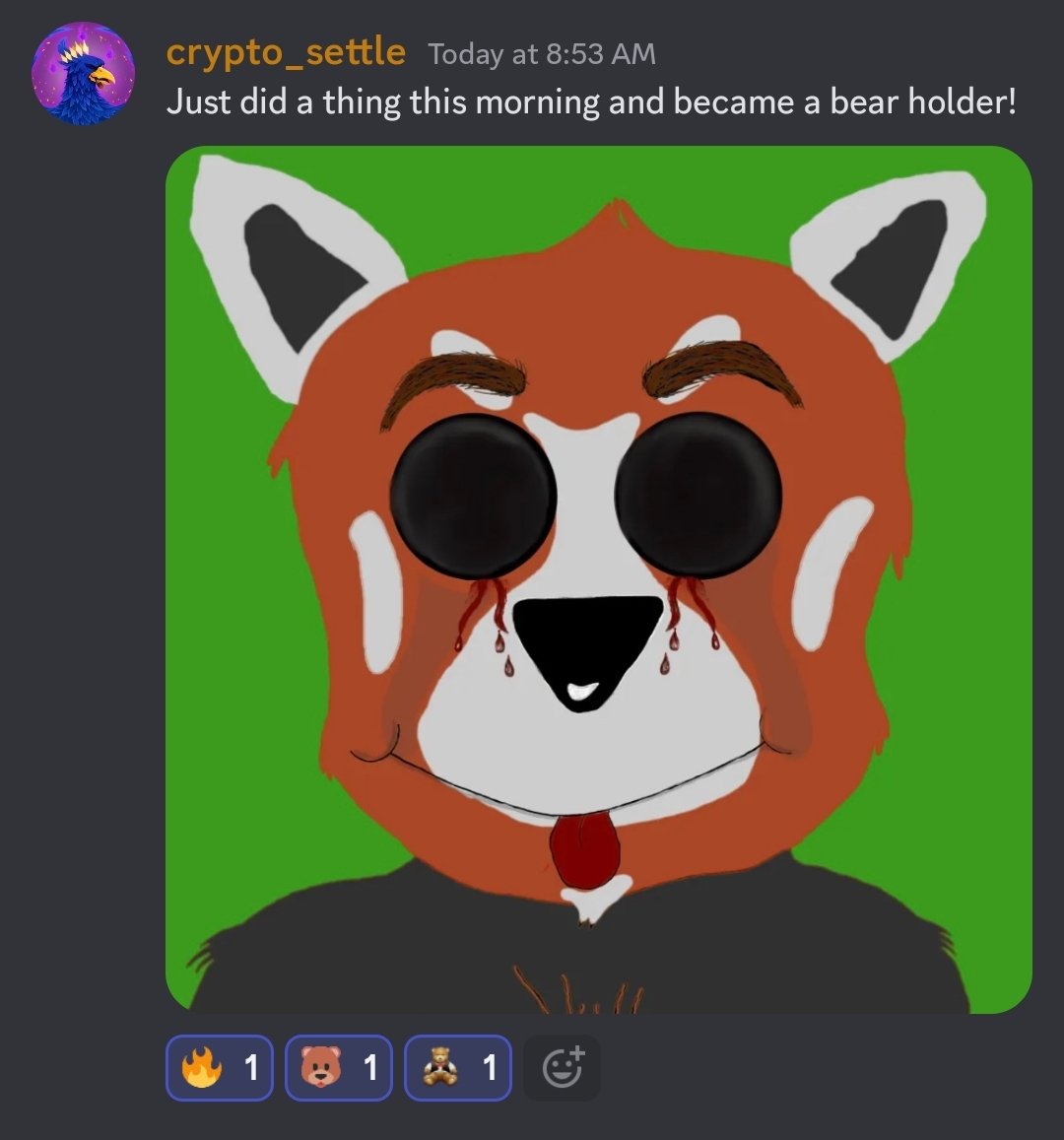 BankerBears's tweet photo. We got another mint this morning 😍 

Crypto settle shared it in the discord https://t.co/avYJYlX9JZ

Red panda (fur and ears trait) and highlighting another trait that hasn't been seen before NO EYES! https://t.co/W1SvTEZ9e2