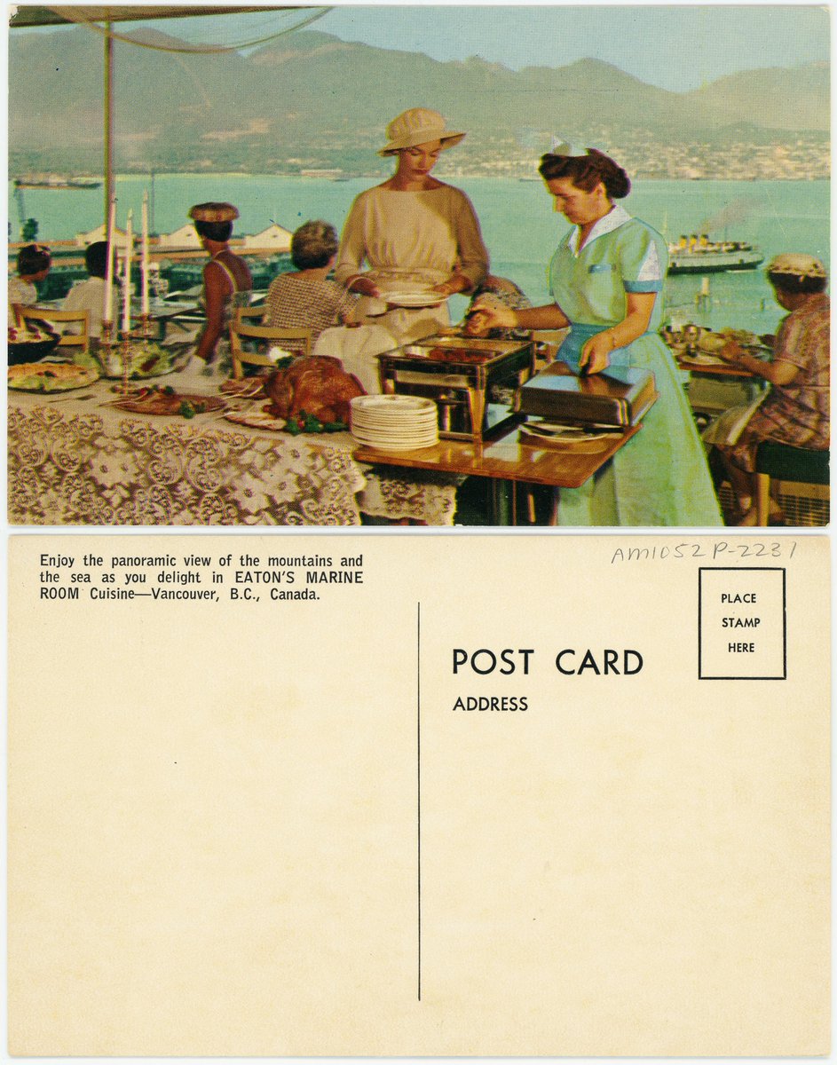 VanArchives's tweet photo. 'Enjoy the panoramic view of the mountains and the sea as you delight in Eaton's Marine Room cuisine, Vancouver, B.C., Canada.' Postcard promoting the delicious food and the grand view.
https://t.co/Tsp949Irc9
#PostcardsofVancouver #Eatons #Postcards #Food https://t.co/aW06zJWAaw