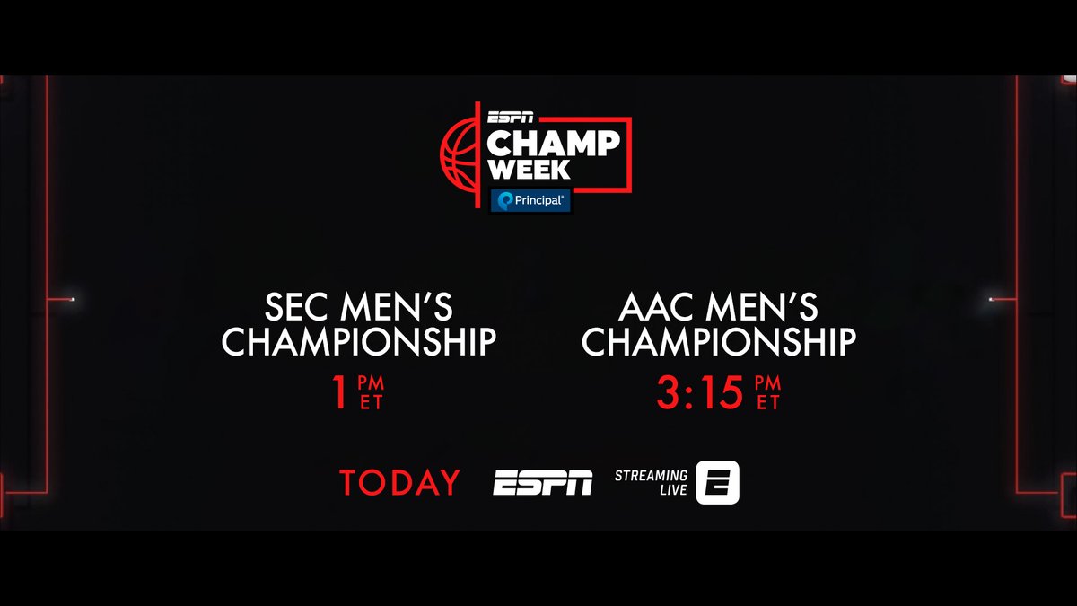Final #ChampWeek games on ESPN platforms today
Noon: @IvyLeague | ESPN2
🎙️ @DalenCuff & Noah Savage
1 pm: @SEC | ESPN
🎙️ @karlravechespn, @CoachJimmyDykes & @MartySmithESPN 
3:15 pm: @American_Conf | ESPN
🎙️ @kevinnbrown, @JonCrispinESPN & @MedcalfByESPN