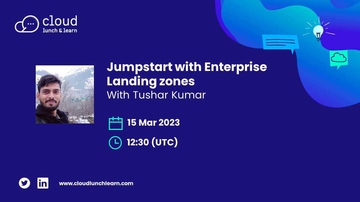 😀 Come lunch and learn with us 😀

📚 Jumpstart with Enterprise Landing zones
📅 Wednesday 15/3 at 12:30 UTC
🎫 bit.ly/3td92gd

#Cloud #Learn #100DaysOfCloud #Dev #Azure