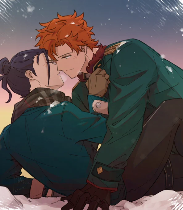 snow --"He reaches up, grabs Sylvain by his coat collar, and brings their mouths together in the world's least-coordinated kiss." a scene from grace's fic "Snow One But You" fic attached below!! #FE3H #FireEmblemThreeHouses #sylvix 