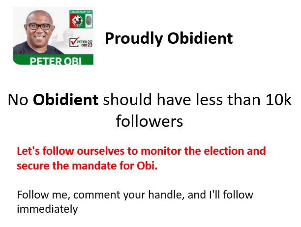 CrownprinceCom2's tweet photo. OBIDIENTs, work in total silence by Growing your audience under this tweet…

Retweet so it forms a chain of reaction

Drop your handle and follow everyone who likes your comments 

LP top to bottom 📌

Mr. Peter Obi/Alimosho/#Protest
#gtbank/Southern Kaduna/ECOWAS/Dele Momodu https://t.co/YXp1CQO2g4