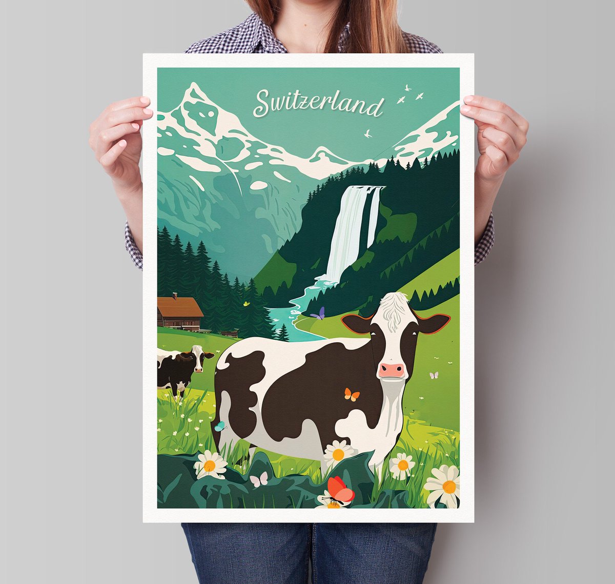 Switzerland Print: etsy.me/3ZGEeUJ :  Swiss Cow - Alps - Butterflies - Swiss Gifts - Retro Print #Switzerland #SwissAlps #Cows #TravelPoster #AlpineViews #Nature #Landscape #Mountains #WallArt #HomeDecor #CowArt #ScenicBeauty #Swiss #travelposters #swissgift