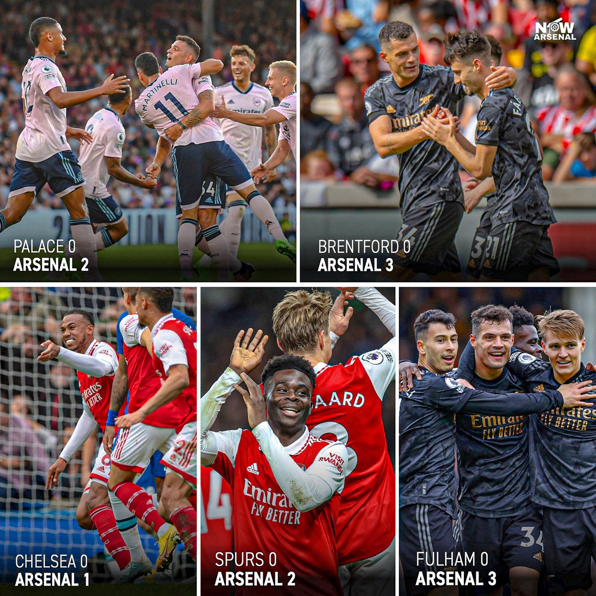 Arsenal become the first team in Premier League history to win five London derbies away from home in a row without conceding…

1️⃣ Crystal Palace 0-2 Arsenal 
2️⃣ Brentford 0-3 Arsenal 
3️⃣ Chelsea 0-1 Arsenal 
4️⃣ Spurs 0-2 Arsenal
5️⃣ Fulham 0-3 Arsenal

11 goals scored, 0 goals…