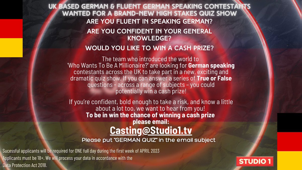 UK based #German Speakers wanted for new #Quiz pilot  email casting@studio1.tv for more info #uktvcasting #casting #beontv #gameshow @OfficialCastMe @FilmTVCallsUK