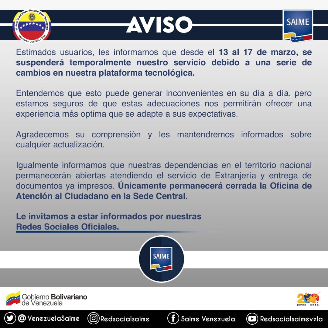 ConsultoresICG's tweet photo. Saime informa que por motivos de adecuaciones tecnológicas en su portal web,  desde el 13 hasta el #17Marzo el servicio será suspendido. https://t.co/DRKOv2sUBy