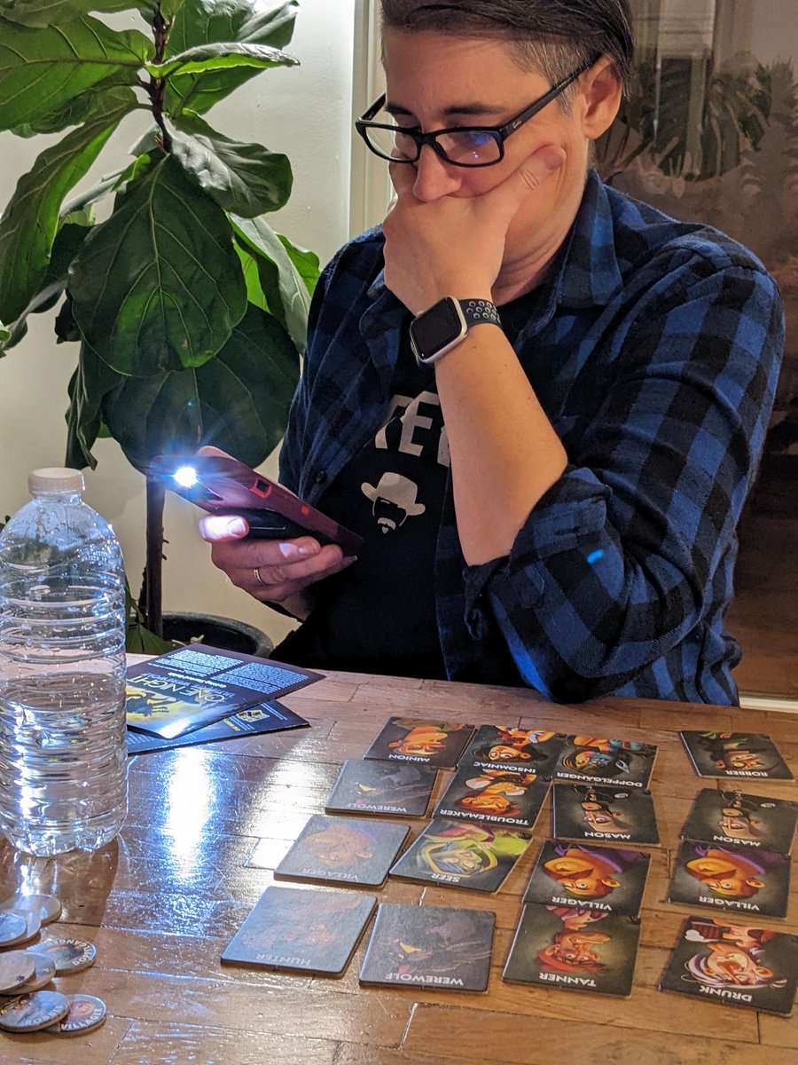 WynaughtP's tweet photo. That time the game we weren't sure we wanted to play ruined lives and turned @LauraMeetWorld into a real life werewolf! @CatCrimins @KCMOORE18 @aj_notnutella @hwngrrl #OneNightUltimateWerewolf https://t.co/m5RHSVuofp