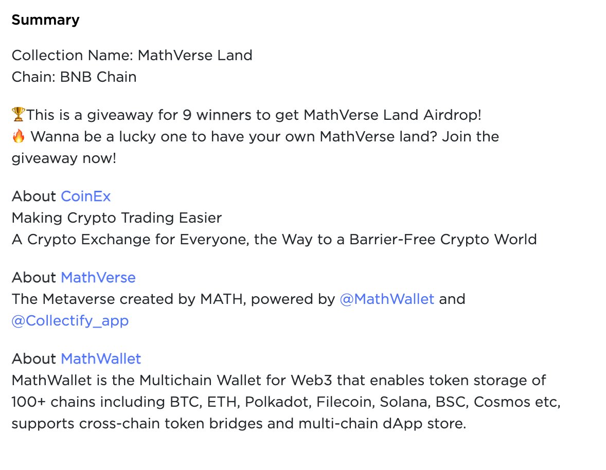 DagazCrypto's tweet photo. 🎉 Just registered for the CoinEx X MathVerse Land Airdrop on hurry up! It is worth 0.5 BNB #airdrop #crypto #testnet #freecrypto @Collectify_app  https://t.co/6juuo37Tl1 https://t.co/sx049NqLMv