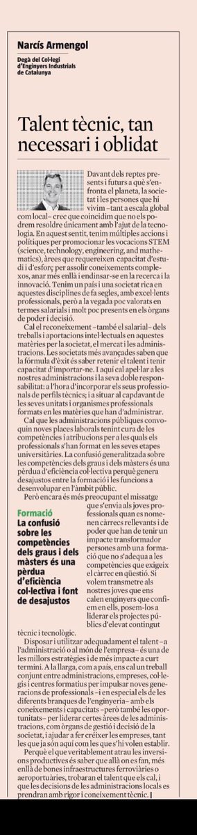 El nostre progrés social, econòmic i cultural es basa en el talent qualificat, article N. Armengol LV <a href="/Enginyeria/">Enginyers Industrials de Catalunya</a> <a href="/enginyersbcn/">ENGINYERS BCN</a> <a href="/RectorUPC/">Rector de la UPC</a> <a href="/recercauniscat/">Recerca i Universitats</a> <a href="/quimnadal/">Joaquim Nadal</a> <a href="/subirats9/">joan subirats</a> <a href="/eponsf/">Ernest Pons</a> @fx_grauvidal <a href="/ArcadiNavarro/">Arcadi Navarro 🎗</a> <a href="/enriccanela/">Enric I. Canela</a> <a href="/RuizIsern/">Meritxell Ruiz</a> <a href="/ismaelpalacin/">Ismael Palacín</a>