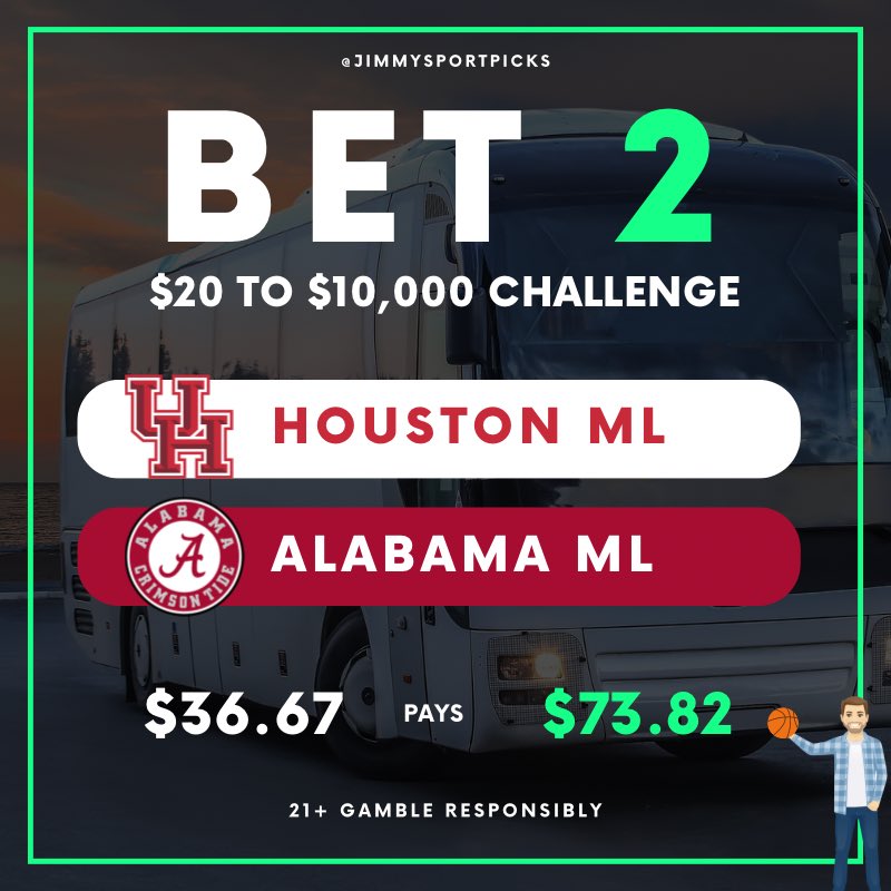 JimmySportPicks's tweet photo. 🚌 Bet 2 of my $20 to $10k Challenge!

• Houston ML
• Alabama ML

🔛 $36.67 pays $73.82

Join BetMGM and they’ll give you money back if your bet loses: https://t.co/LEcwMcXyh0

All aboardddddd! 📣 Send in your slips below ⬇️ https://t.co/SCkd20Yr5A