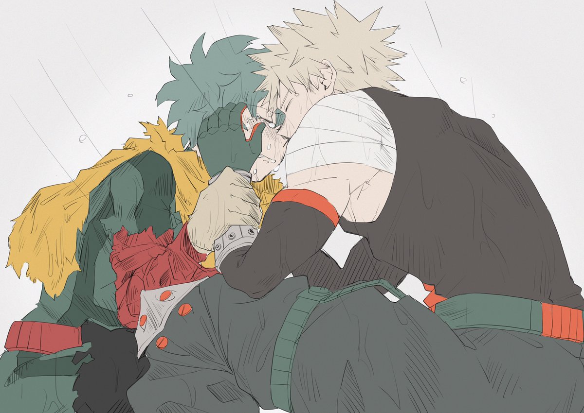 bakugou katsuki ,midoriya izuku multiple boys green bodysuit male focus 2boys blonde hair gloves green hair  illustration images