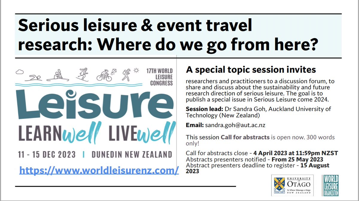 #Leisure, #recreation, #tourism -- one thing leads to another depending on how serious you are in your leisure activities. This leisure could even be part of your work! Join us in a discussion forum on the sustainability of serious leisure as a business, and a research topic.