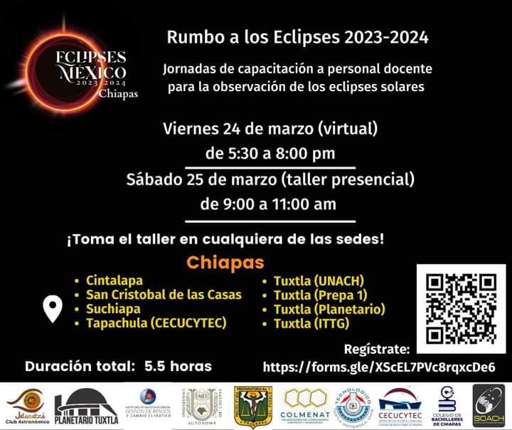cecucytec's tweet photo. El CECUCYTEC de Tapachula invita a todos los docentes interesados a las Jornadas de capacitación para la observación de los Eclipses Solares de 2023 y 2024.
Los esperamos el próximo viernes 24 de marzo.
Salón de usos múltiples del CECUCYTEC. Regístrate.
@cobachchiapas https://t.co/NmYzI17XS9