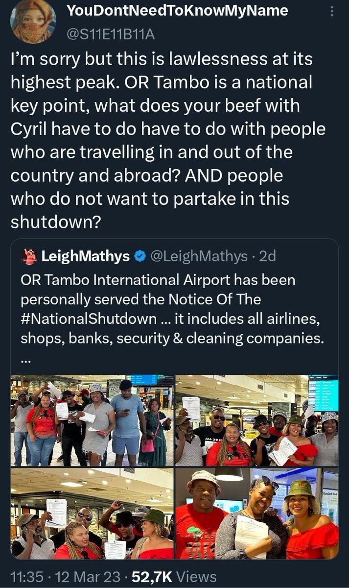 Miz_Ruraltarain's tweet photo. This is beautiful to see 😍, #VoetsekEFF  thank you Seba!  Indeed, how will shutdowning OR Tambo make Cyril Ramaphosa leave office &amp; resolve Loadshedding?  

#NationalShutdown https://t.co/v57a7GGcgG