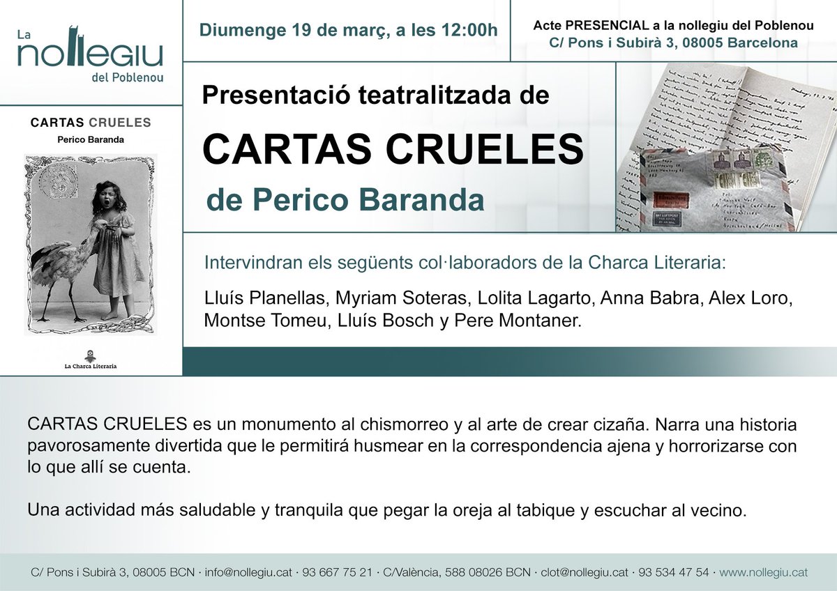 La setmana vinent a les nollegiu, a més dels cursos  tindrem un cap de setmana d'activitat intensa amb <a href="/kriller71/">Kriller71 Ediciones</a> <a href="/evohevohe/">Claudia</a> <a href="/AnibalCristobo/">Aníbal Cristobo</a> <a href="/CorinaOproae/">Corina Oproae</a> <a href="/VisorLibros/">Visor Libros</a> <a href="/CharcaLiteraria/">La charca literaria</a> 

Tot ho trobareu aquí: nollegiu.com/cat/categoria/…