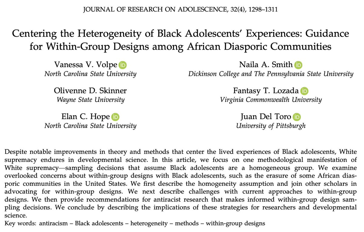 DrABLoyd's tweet photo. Last week of my grad seminar on "Psychology of Black Youth and Families in Context"! Sharing another reading from our recommended list! "Centering the heterogeneity of Black adolescents' experiences: Guidance for within-group designs among African diasporic communities" #psyc258 https://t.co/uZp50hT820