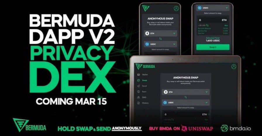 degenlifer's tweet photo. Only few days until the @BermudaEth privacy dex goes live 🚀🚀
✅ Anonymous Buy, Swap, Sell (Privacy DEX)
✅ Anonymous Swap & Send
✅ Buyback & burns of partner tokens
Website: https://t.co/YKeW7mWXQ8
#TakeBackYourPrivacy
#Ethereum #DeFi $BMDA #crypto https://t.co/nLfCAKglNY
