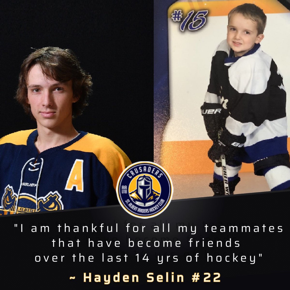 RaidersCrusader's tweet photo. TRIBUTE TO OUR ‘05s: ✔️👏"Seliner' is very thankful for all his teammates that became friends over the 14 years of playing hockey in St. Albert, including 5 seasons with the Raiders Club. Hayden has finished his 5th year strong with 60 points in 32 regular season games... https://t.co/fiN4wNF7JZ