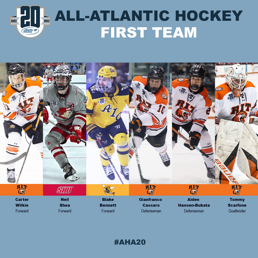 Congrats to our All-Atlantic Hockey 1⃣st Team! 

Carter Wilkie, <a href="/RITMHKY/">RIT Men's Hockey</a>
Neil Shea, <a href="/SHUHockey/">SHU Hockey</a>
Blake Bennett, <a href="/AIC_Hockey/">AIC Hockey</a>
Gianfranco Cassaro, <a href="/RITMHKY/">RIT Men's Hockey</a>
Aiden Hansen-Bukata, <a href="/RITMHKY/">RIT Men's Hockey</a>
Tommy Scarfone, <a href="/RITMHKY/">RIT Men's Hockey</a>

📰 bit.ly/3ZXXexE

#AHA20