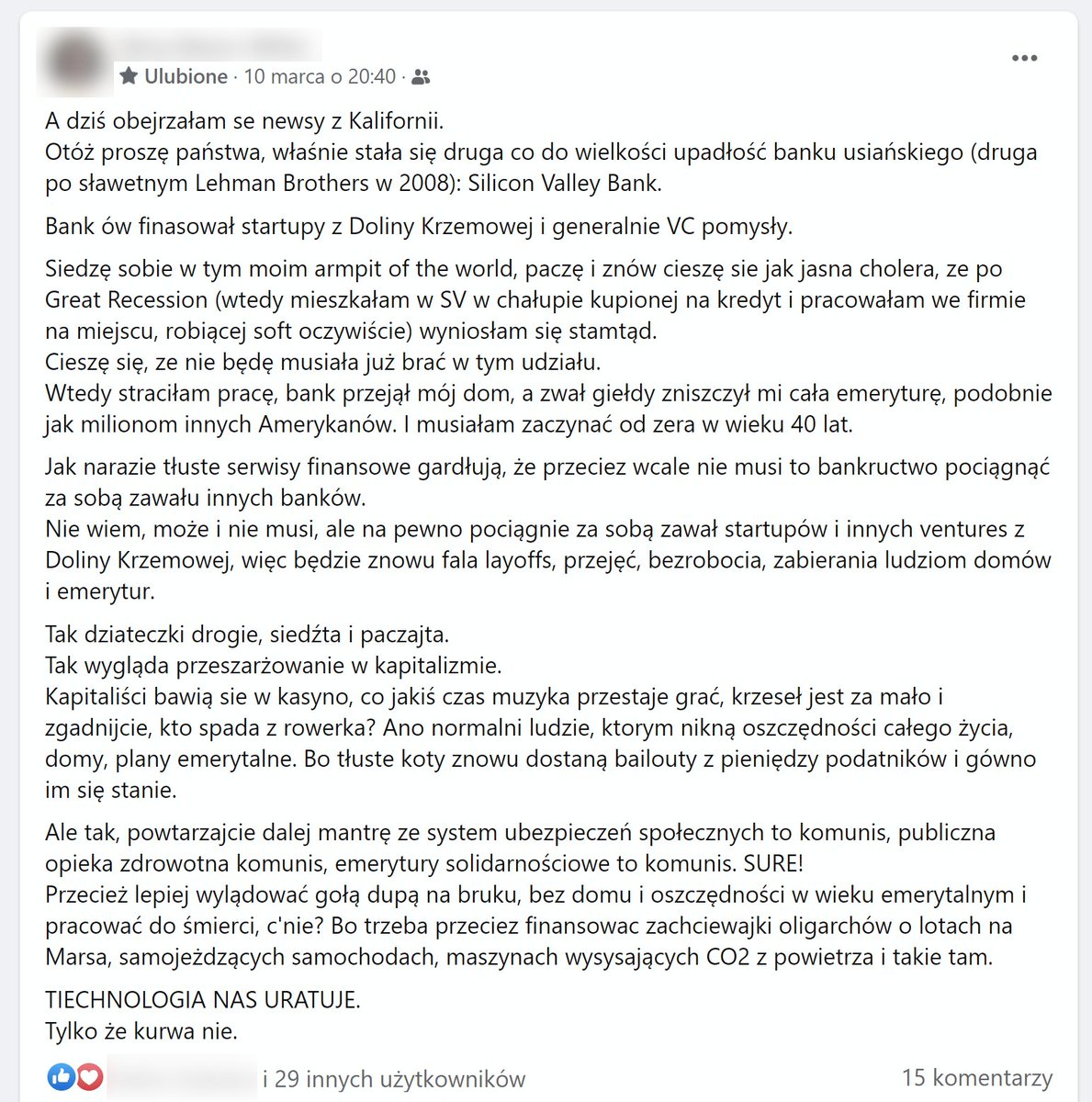InfZakladowy's tweet photo. W Dolinie Krzemowej zbankrutował duży bank. Nie mam na ten temat nic mądrego do powiedzenia, dlatego chciałbym użyczyć łamów znajomej z internetów. https://t.co/GFY4iXWPo7