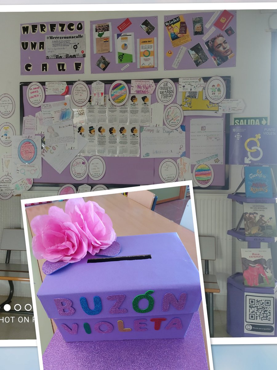 MarMorilloM's tweet photo. Seguimos avanzando con nuestro proyecto .Rincón de Igualdad + Punto Violeta +Diseño vinilos y pulsera:
 " Somos el grito de las que ya no están"
#ODS10
#8M 
#innovaex23
#Caminantenohayplanbniplanetac
@CPRCastuera https://t.co/ydvA0fdmrZ