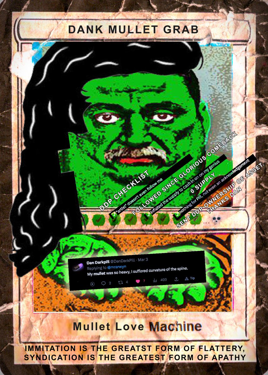 arwyn_official's tweet photo. DAFTPEPE Series 1, Card 17.

Supply 0
Owner (Shortly). @DanDarkPill 
(Unlocked)

Because Mullets matter more! 

#mulletseason #memeforfun 

https://t.co/YPwQBTK1yQ https://t.co/QDoFS0EZI7