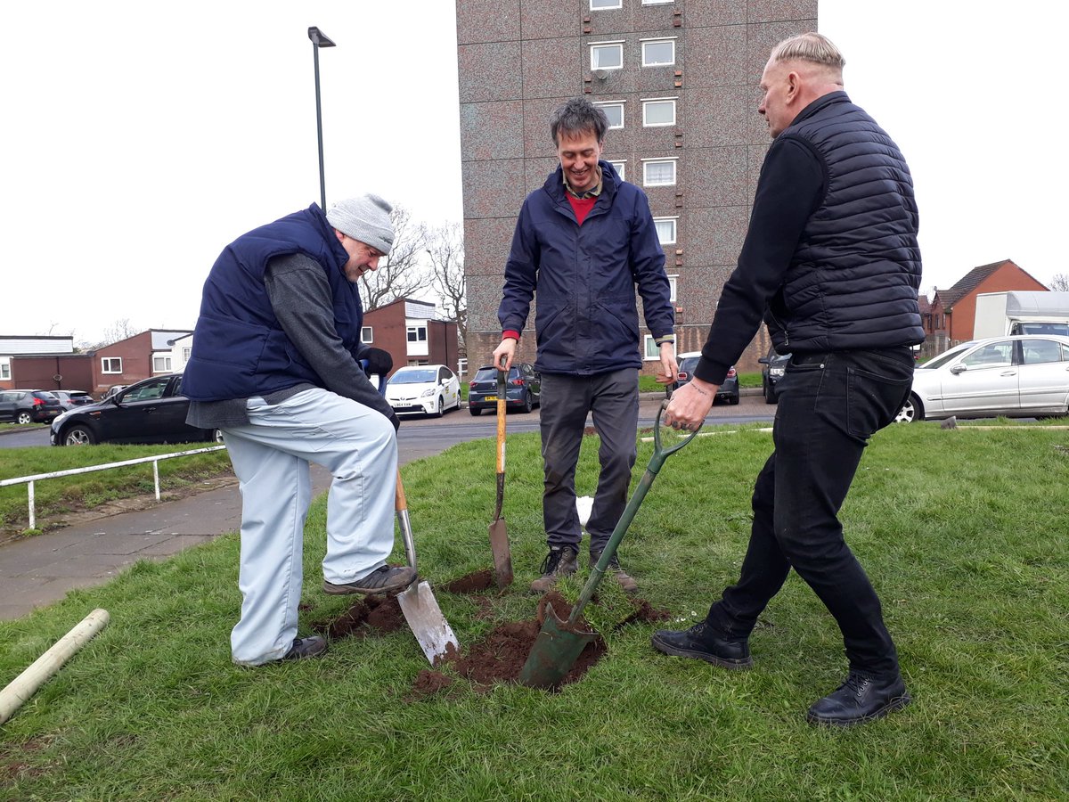 fruitnutvillage's tweet photo. We've been working hard at #BritfordOrchard #Maypole today. 14 trees now growing there. #PlantATreeIn23. #FruitAndNutVillage #DruidsHeath.  #AnnieElizabethApple #PennyCherry #Cherrycot #Gage #ConcordePear https://t.co/sXvKlaoUyt