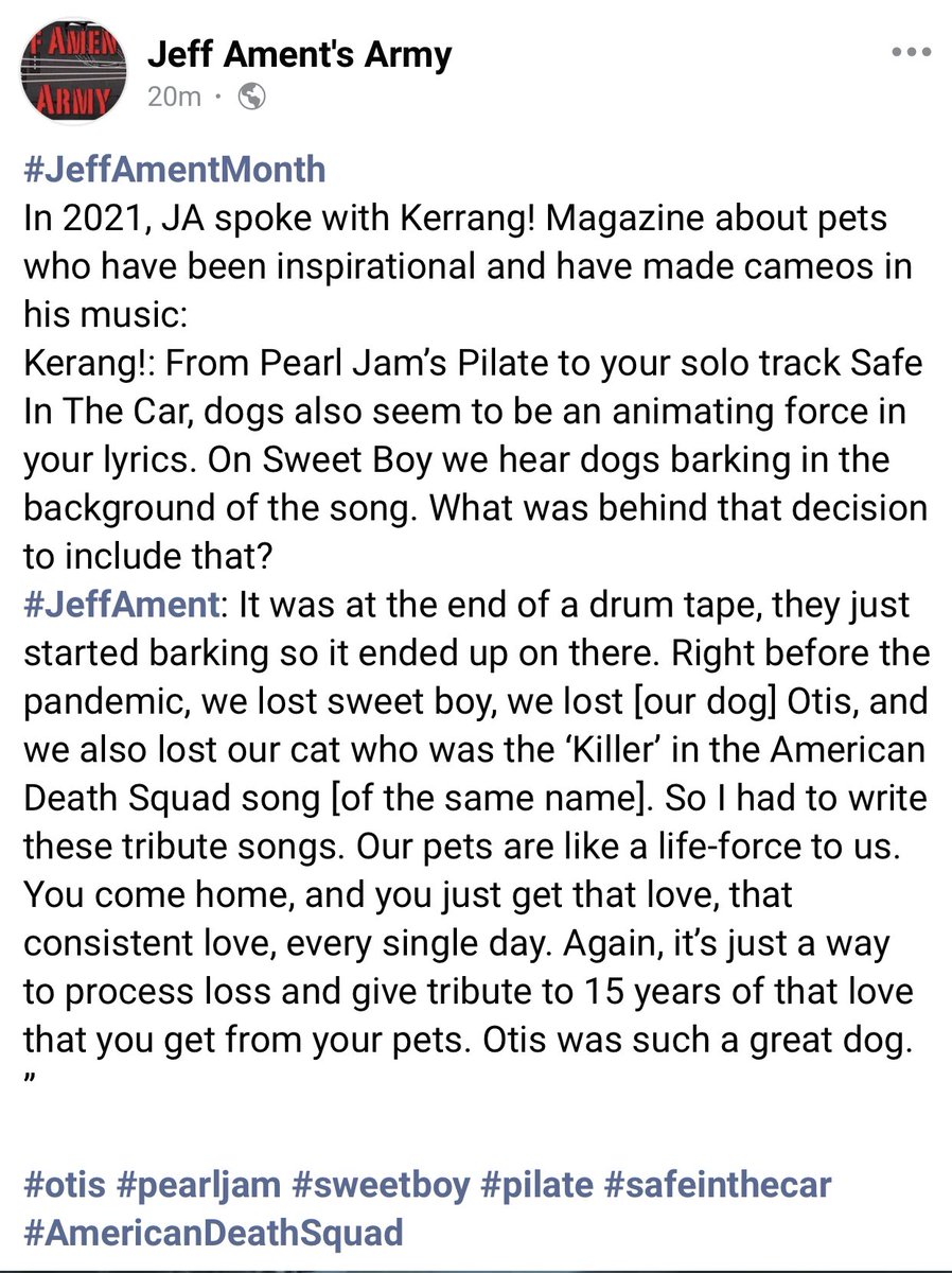 JeffAmentsArmy's tweet photo. #JeffAmentMonth
In 2021, JA spoke with Kerrang! Magazine about pets who have been inspirational and have made cameos in his music:
#otis #pearljam #sweetboy #pilate #safeinthecar #AmericanDeathSquad https://t.co/LHwrxrrK09