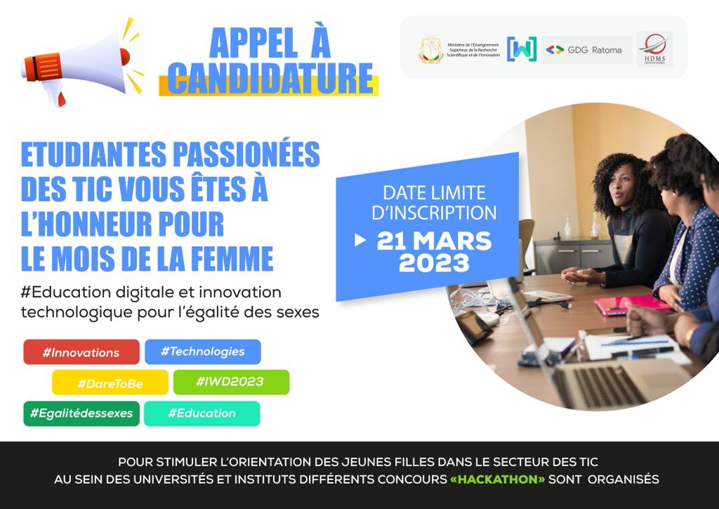 📢  Appel à Candidatures  aux étudiantes passionnées des TICS pour le Hackathon de  IWD Conakry 2023 ,   𝘀𝗼𝘂𝗺𝗲𝘁𝘁𝗲𝘇 𝘃𝗼𝘁𝗿𝗲 𝗰𝗮𝗻𝗱𝗶𝗱𝗮𝘁𝘂𝗿𝗲  👇👇👇forms.gle/gQ5zkrgpm4Gf9q…
 #Daretobe #IWD2023   #WomenTechmakers #GDGRatoma #mesrsi  #GoogleDevelopers
<a href="/auwalms/">Auwal MS</a>