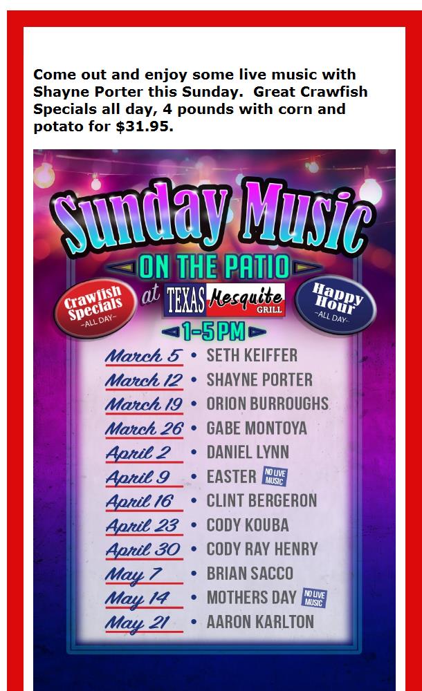 Live Music on the Patio and Crawfish Specials