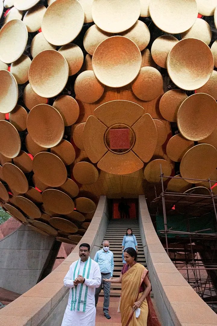 Education Minister @dpradhanbjp visiting Matrimandir with our Secretary Dr. Jayanti Ravi. @JayantiRavi