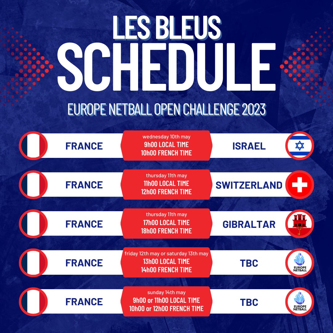 netballfrance's tweet image. Here it is - France’s official schedule for the @EuropeNetball Open Challenge 2023! 😍

Tickets now available - 🔗 in bio!

Stay tuned for more info so you can get behind Les Bleus &amp;amp; cheer them on in person @ @HouseofSportCDF or @ home! 🥳

ALLEZ LES BLEUS 🇫🇷 

#OpenChallenge2023