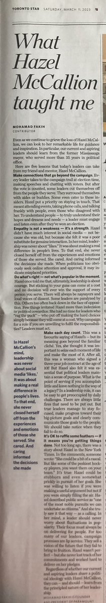 LeenaAugimeri's tweet photo. #LeadershipMatters
@mohamadfakih8 TY for your opinion piece in @TorontoStar today. Lessons learned from #HazelMcCallion
1. Make Connections
2. Empathy is not a weakness
3. Do what’s right-not what’s popular
4. Make each day count
5. It’s ok to ruffle some feathers
#Leadership https://t.co/lzCV8hwSh5