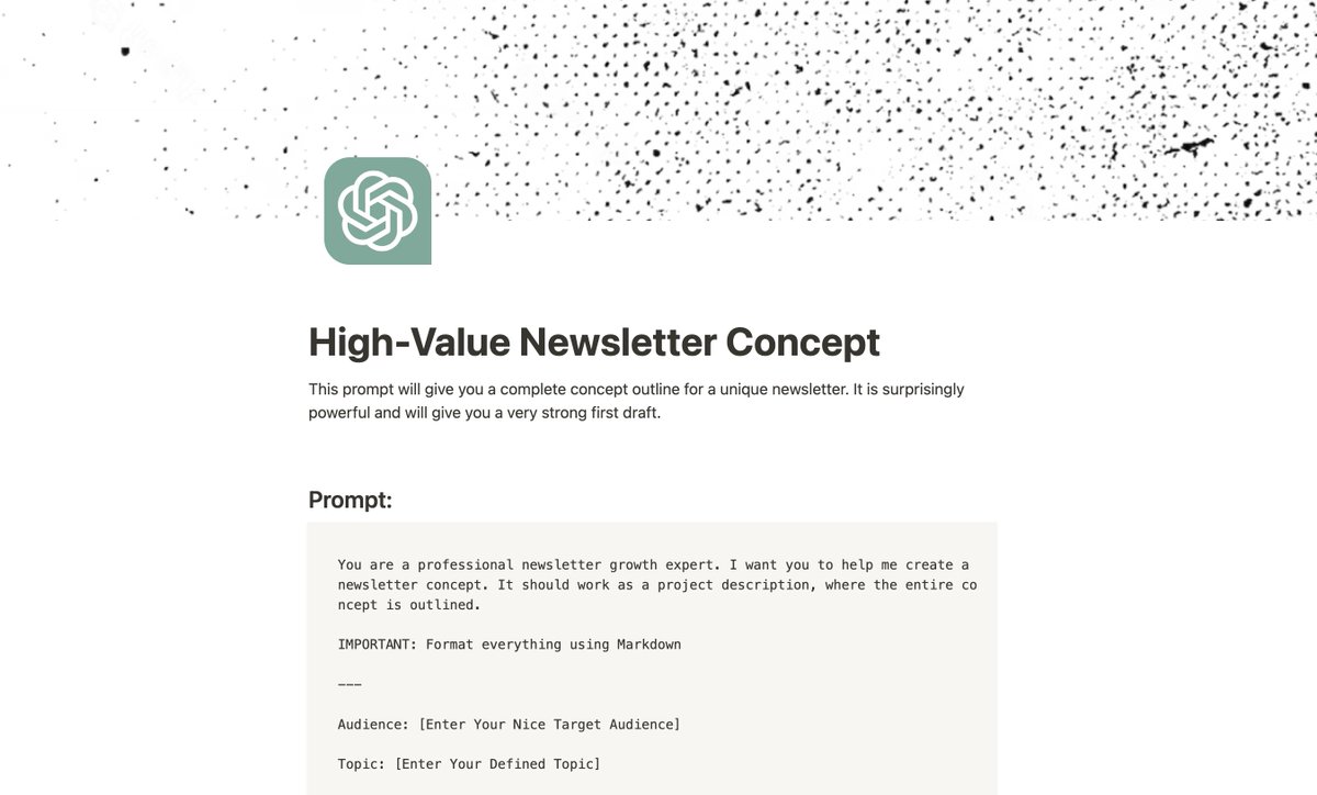 High-value newsletters get their first 1000 subscribers within 3 days! 

I've written a 437-word ChatGPT MEGAPROMPT that'll give you an incredible newsletter concept:

→ Growth Tactics
→ Sponsorship pitch
→ Competitors

Comment with 🌶 and I'll DM it to you!

(Must follow)