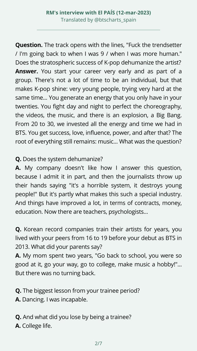 btscharts_spain's tweet photo. RM's interview with EL PAÍS (Spanish newspaper) | ENG translation (1/2)

💬 "In Korea we work so hard because 70 years ago there was nothing"

🔗 https://t.co/rhdgUHYcx4 https://t.co/ttT8SPFV8Z