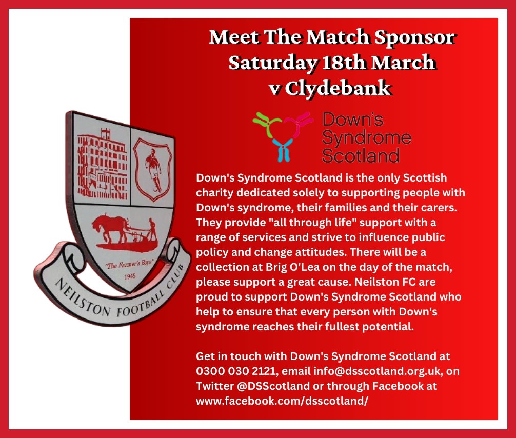 With Down's Syndrome Awareness Week beginning on Mon 20th March &amp; World Down's Syndrome Day on Tues 21st March, we're delighted to have Down's Syndrome Scotland as our match sponsor for this Saturday's Indigo Comms West of Scotland Cup tie at Brig O'Lea. <a href="/DSScotland/">Down's Syndrome Scotland</a> <a href="/clydebankfc/">Clydebank FC</a>