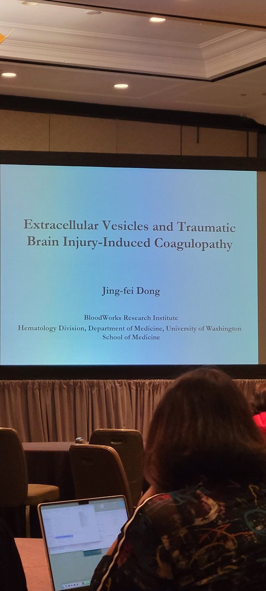 Traumatic brain injury (TBI) induced coagulalopathy: what is it? biomarkers, and intervention. Jing-Fei Dong l, MD, PhD, @BloodworksNW shares with attendees the latest research updates on the role of extracellular vesicles in TBI-induced coagulopathy #HTRS2023.