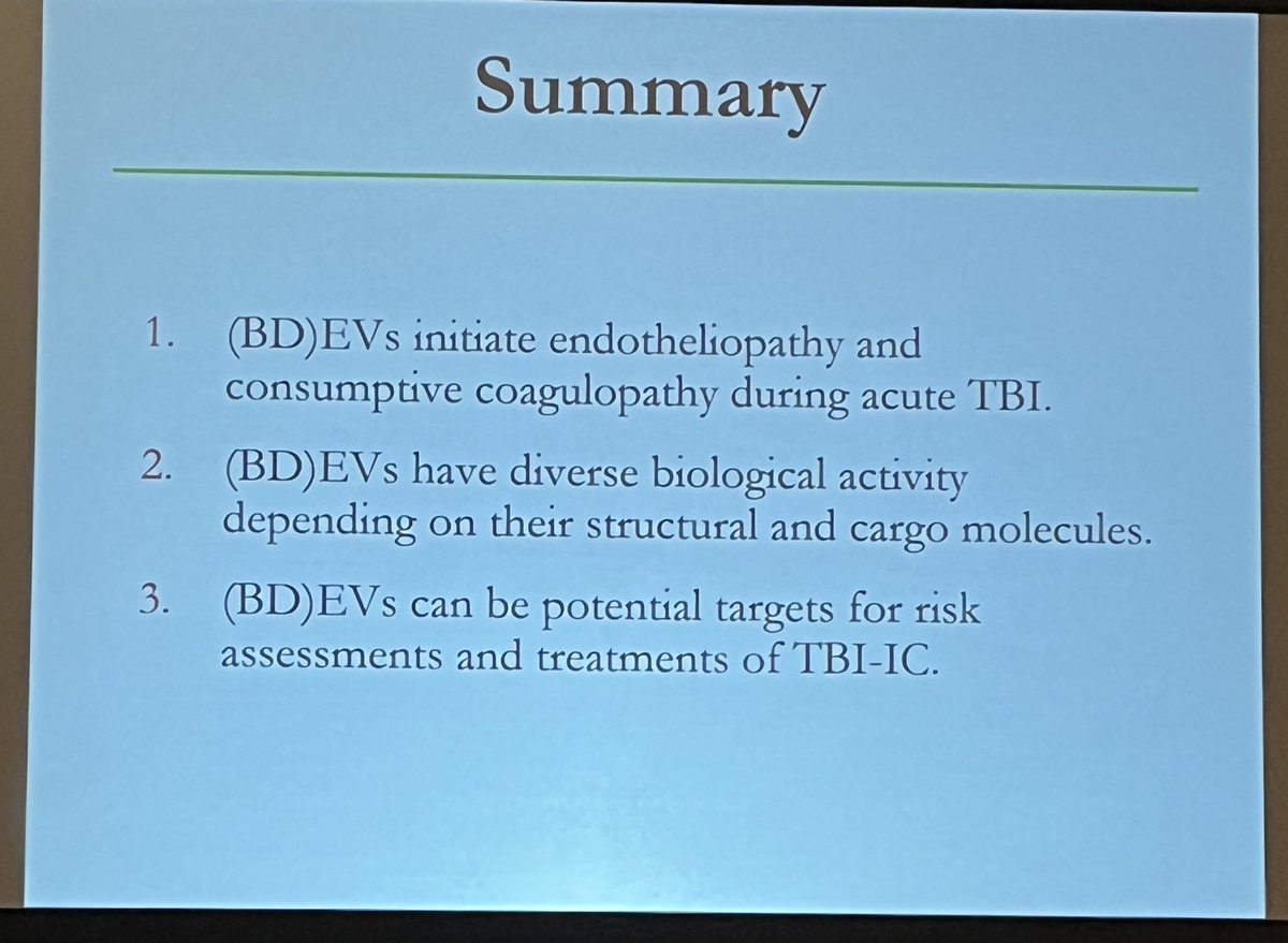 sparkenbaughlab's tweet image. #HTRS2023 Jung Fei Dong shares how brain-derived extra cellular vesicles #bdev cause endotheliopathy and consumptive coagulation in traumatic brain injury