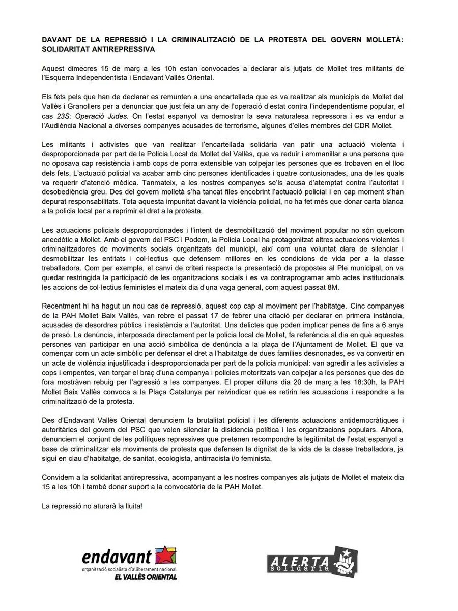 Endavant_VO's tweet image. 🔴 *Davant de la repressió i la criminalització de la protesta del govern molletà: solidaritat antirepressiva* 

Aquest dimecres 15 de març a les 10h estan convocades a declarar als jutjats de Mollet tres militants de l’Esquerra Independentista i Endavant Vallès Oriental.