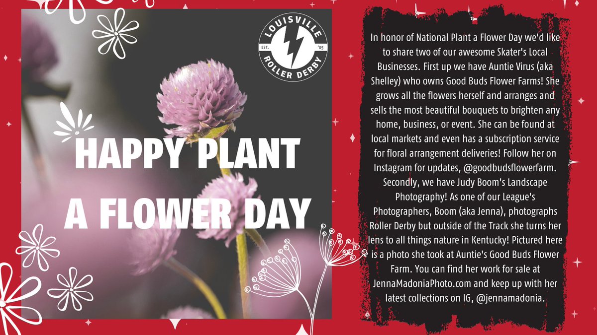 LouRollerDerby's tweet photo. Original Photo By: @JennaM_Photo
#PlantAFlowerDay #Gardening #Photography #GoodBudsFlowerFarm #JennaMadoniaPhotography #LRD #LouisvilleRollerDerby #RollerDerby #Louisville #Kentucky #Kentuckiana #SouthernIndiana #Indiana #NonProfit #WFTDA #SupportLocalLouisville #WeAreLRD https://t.co/x19502JSYf