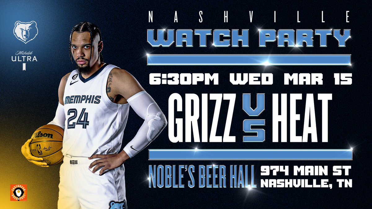 #GRIZZLIES FANS-

The next @memgrizz watch party in #NASHVILLE is WEDNESDAY!

Enjoy drink specials and prizes 

MEM @ MIA
3/15 630pm
NOBLES BEER HALL