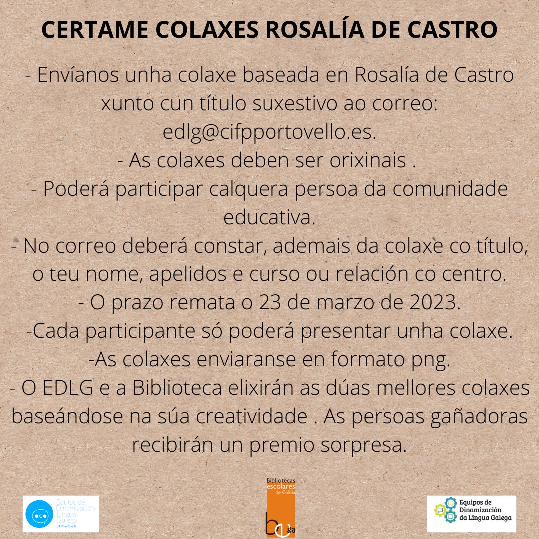 redegueando's tweet photo. Agardamos as vosas colaxes de Rosalía. Recordade que o prazo remata o 23 de marzo. Animádevos a participar!
#RedeGueando #edlg #CifpPortovello #RosalíaDeCastro #23defebreiro #23F #certame #colaxe #certamecolaxes #engalego #galego #linguagalega https://t.co/egxjZ23SAE