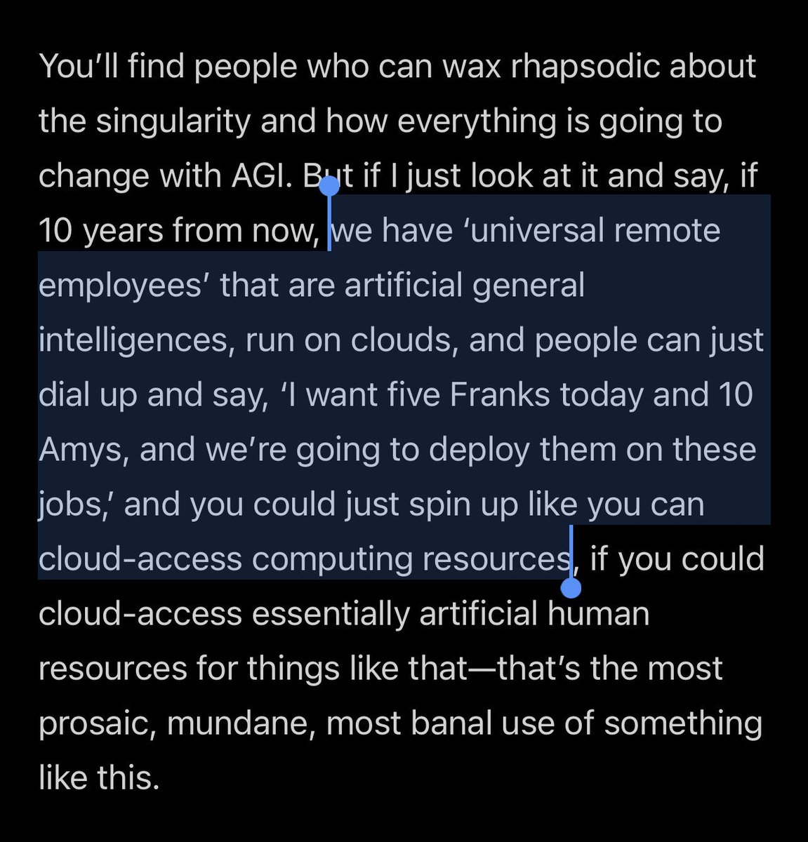 amasad's tweet photo. @ESYudkowsky @Gabe_cc I’ve yet to meet a researcher who thinks they’re building a god. The definition people are settling on is like an agent that can do things on the computer that any human can, sorta like Carmack’s here: https://t.co/xvvLZiyz2H