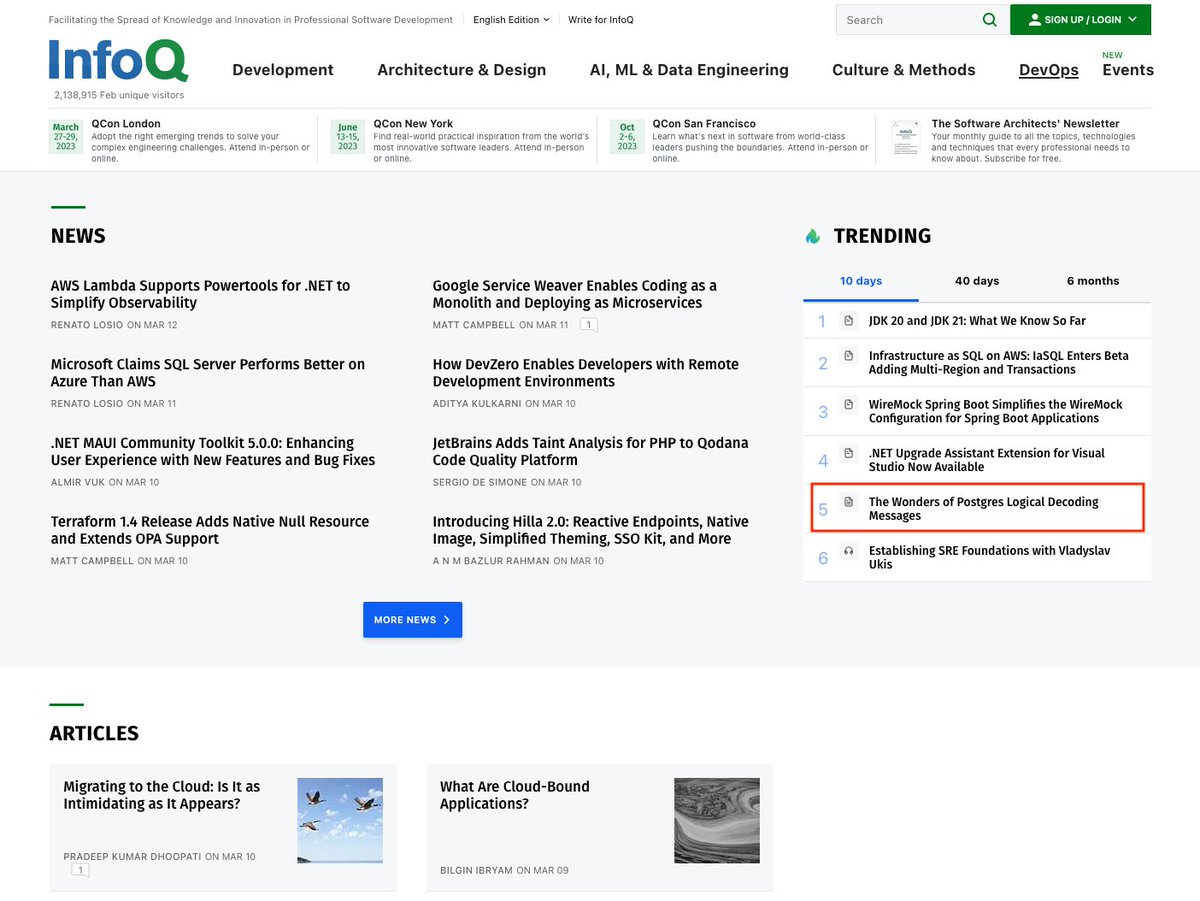 Woot, woot, how cool is that?! My article article "The Wonders of #Postgres Logical Decoding Messages" is trending on <a href="/InfoQ/">InfoQ</a> 🔥!

infoq.com/articles/wonde…