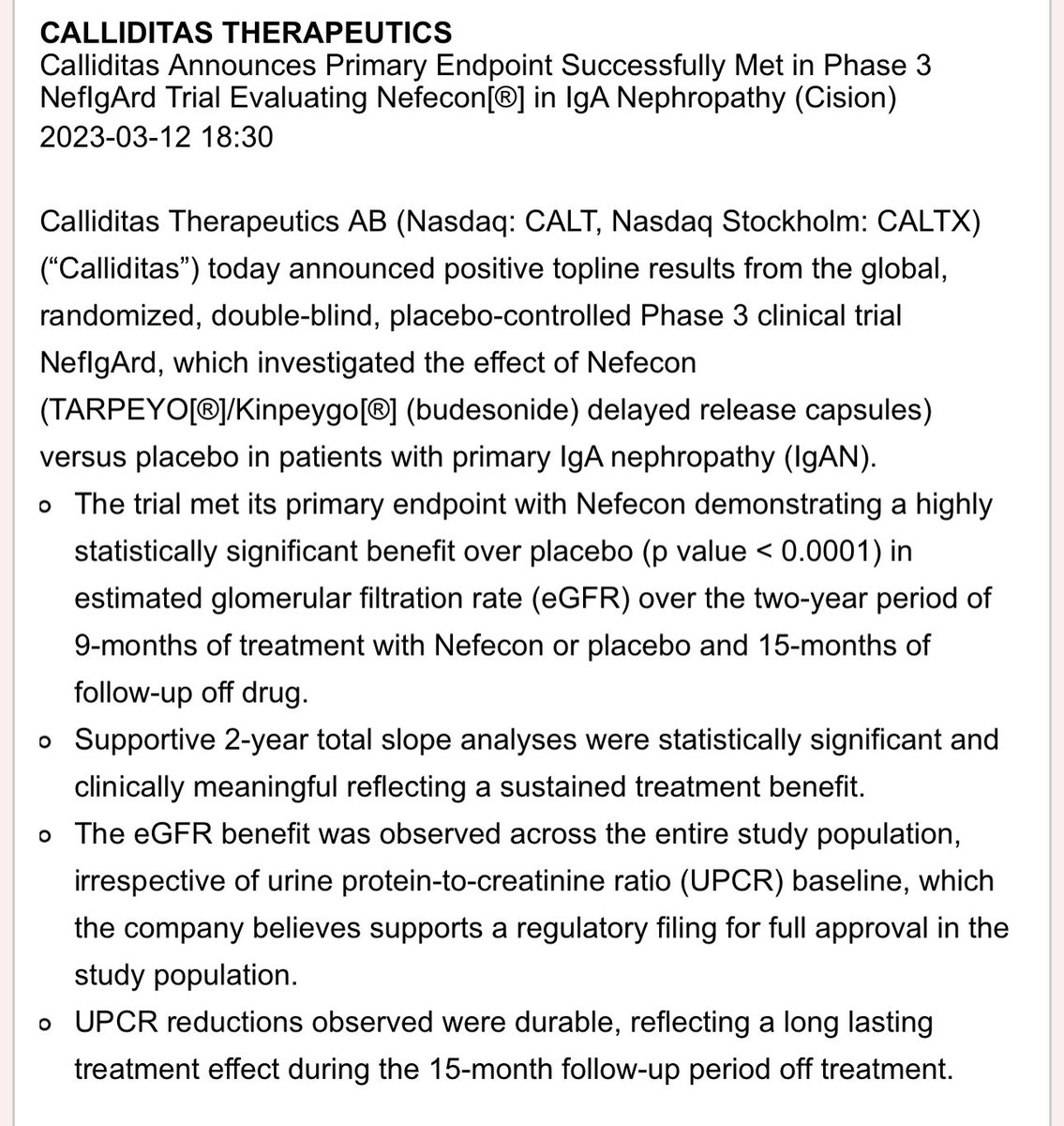 BuffetOfSweden's tweet photo. $CALTX
Calliditas Announces Primary Endpoint Successfully Met in Phase 3 NefIgArd Trial Evaluating Nefecon[®] in IgA Nephropathy https://t.co/ZE4zv9DJO6
